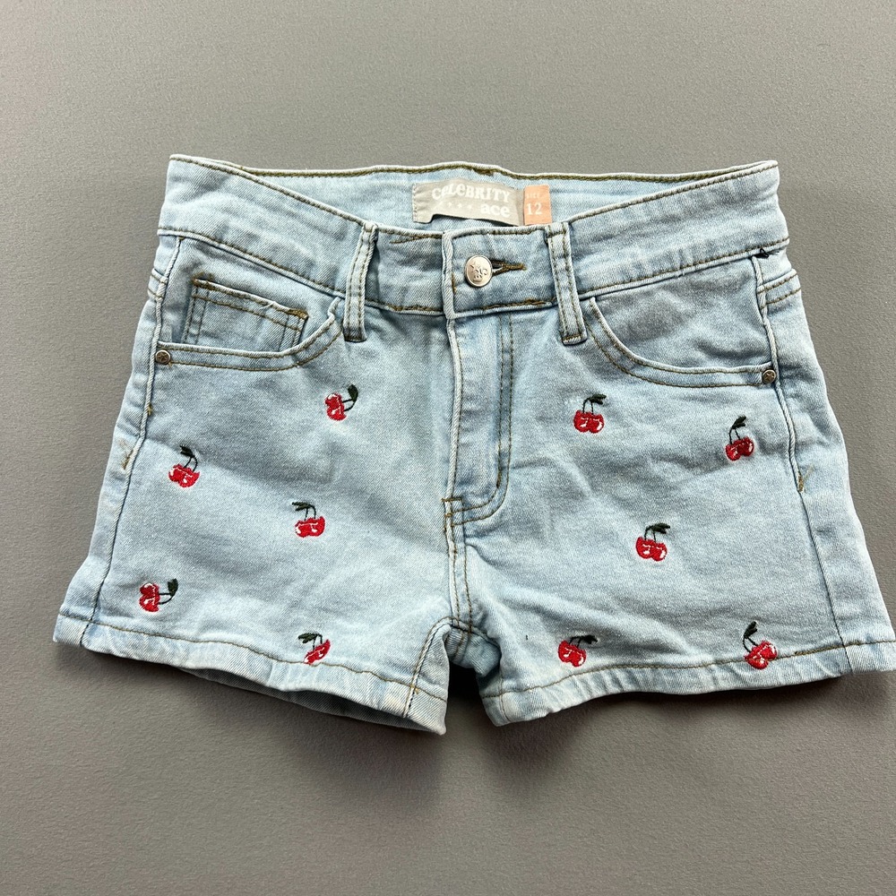 Celebrity Ace Denim Shorts Girls 12 Blue Cotton Cherry Embroidery Light Wash